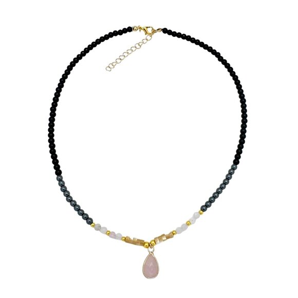 NWT Teardrop Pendant Beaded Necklace 18K Plated Black Onyx Hematite Rose Quartz - Picture 5 of 9